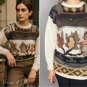 Vintage grandma knit sweater. Fall leaf pattern cottage core grandpa pullover